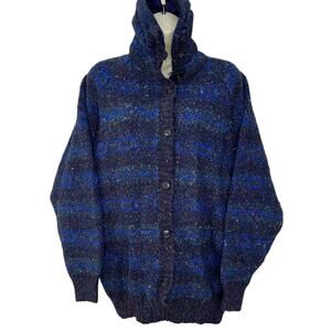 Vintage French Connection Blue Striped Sweater Shawl Collar Button Up Wool Sz M